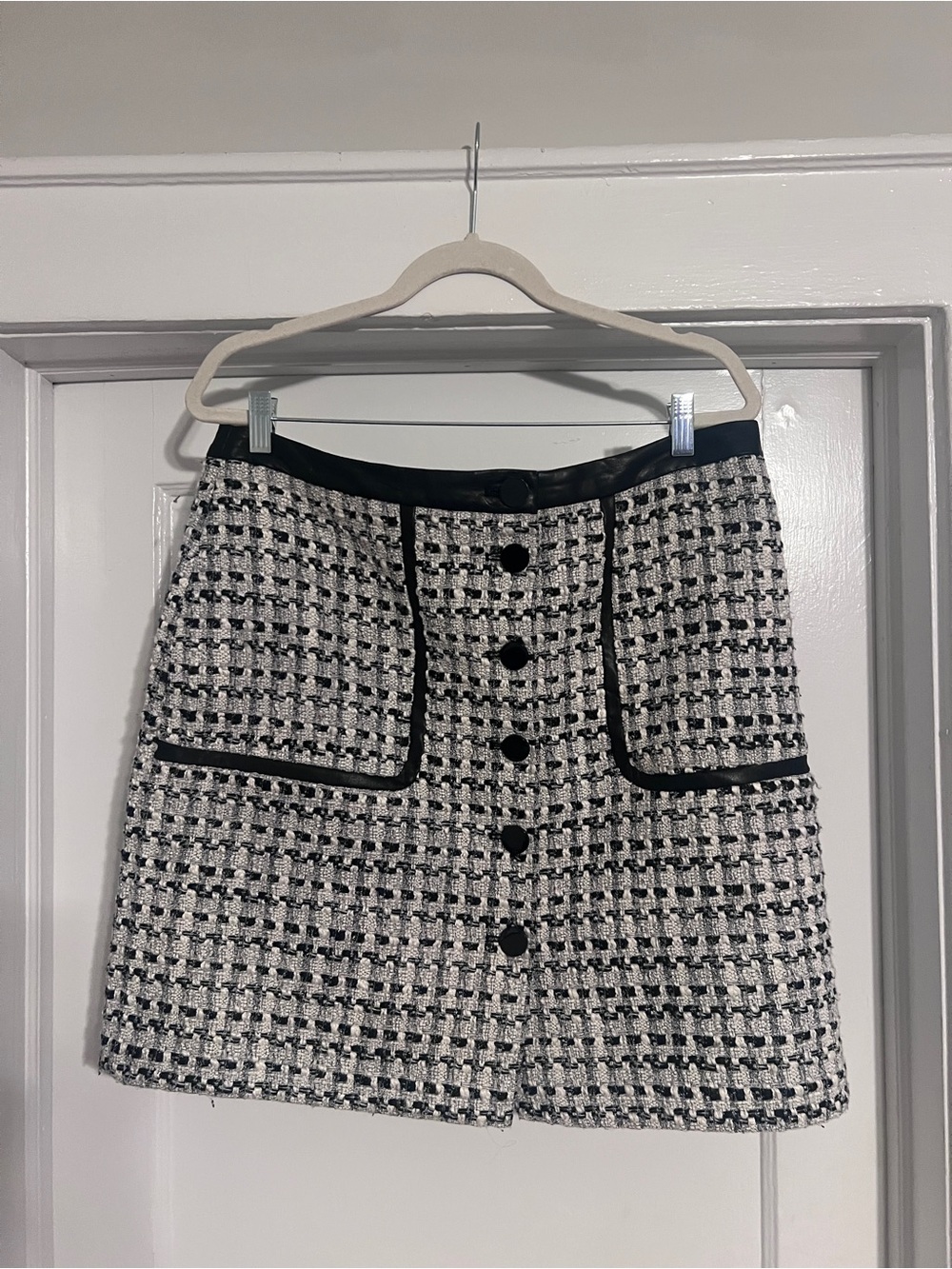 Karl Lagerfeld Black and White Tweed Mini Skirt with Front Buttons